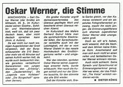 Zeitungsauschnitt Niederösterreichische Nachrichten, Überschrift: Oskar Werner - die Stimme